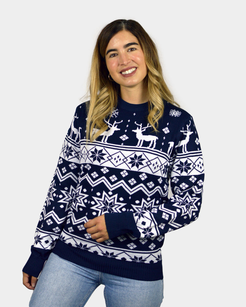 Blue Christmas Jumper with Reindeers and Nordic Stars Womens