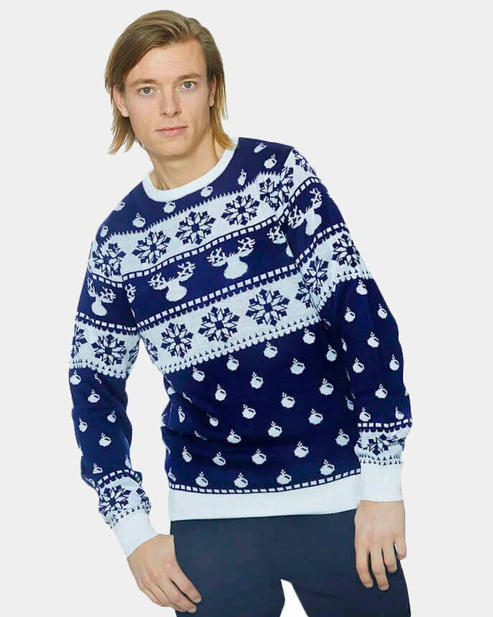 Blue Christmas Jumper with Reindeers and Snow 2021 Mens