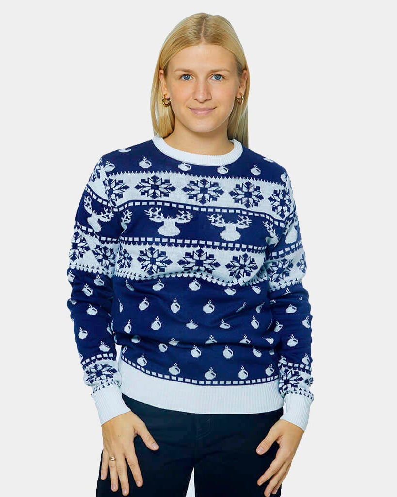 Blue Christmas Jumper with Reindeers and Snow 2021 Womens