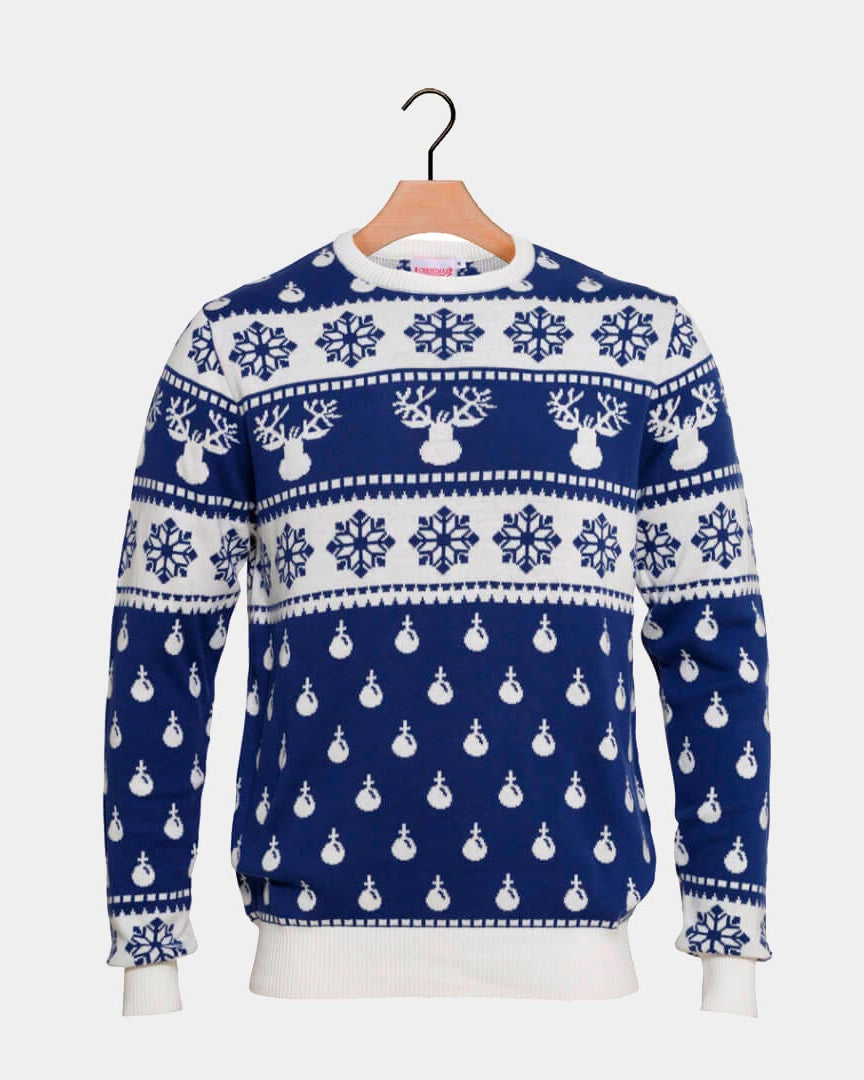 Blue Christmas Jumper with Reindeers and Snow 2021