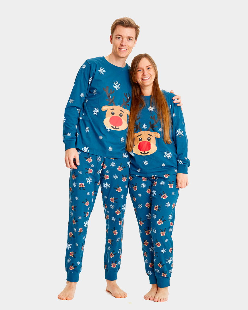 Blue Christmas Pyjama for Family with Rudolph the Reindeer Couples