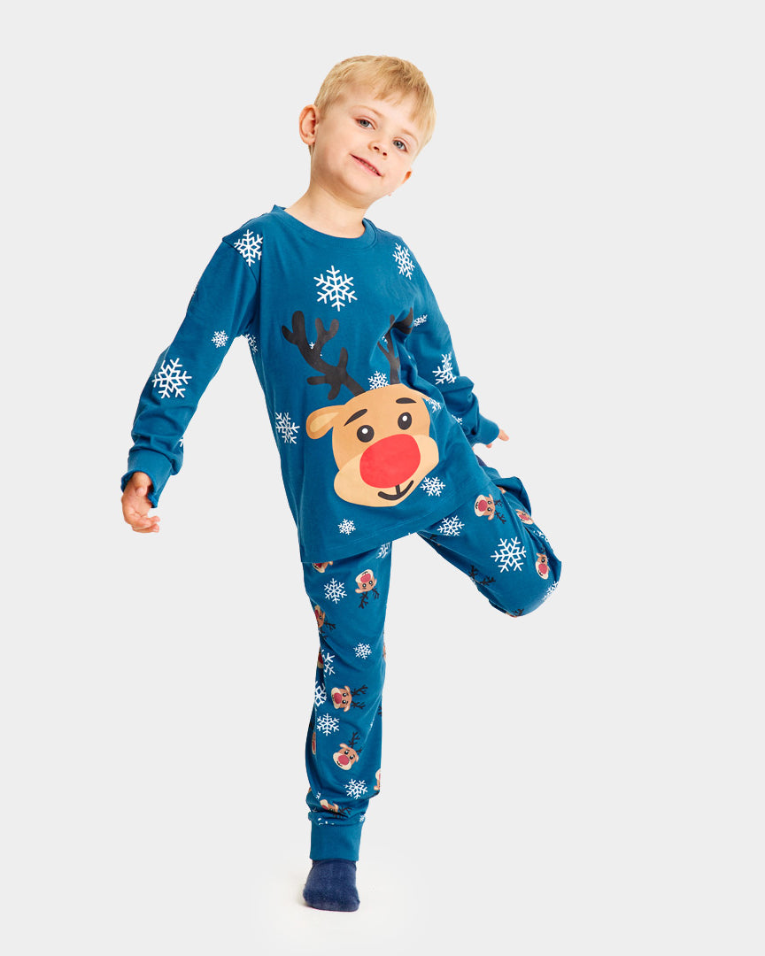 Blue Christmas Pyjama for Family with Rudolph the Reindeer Kids