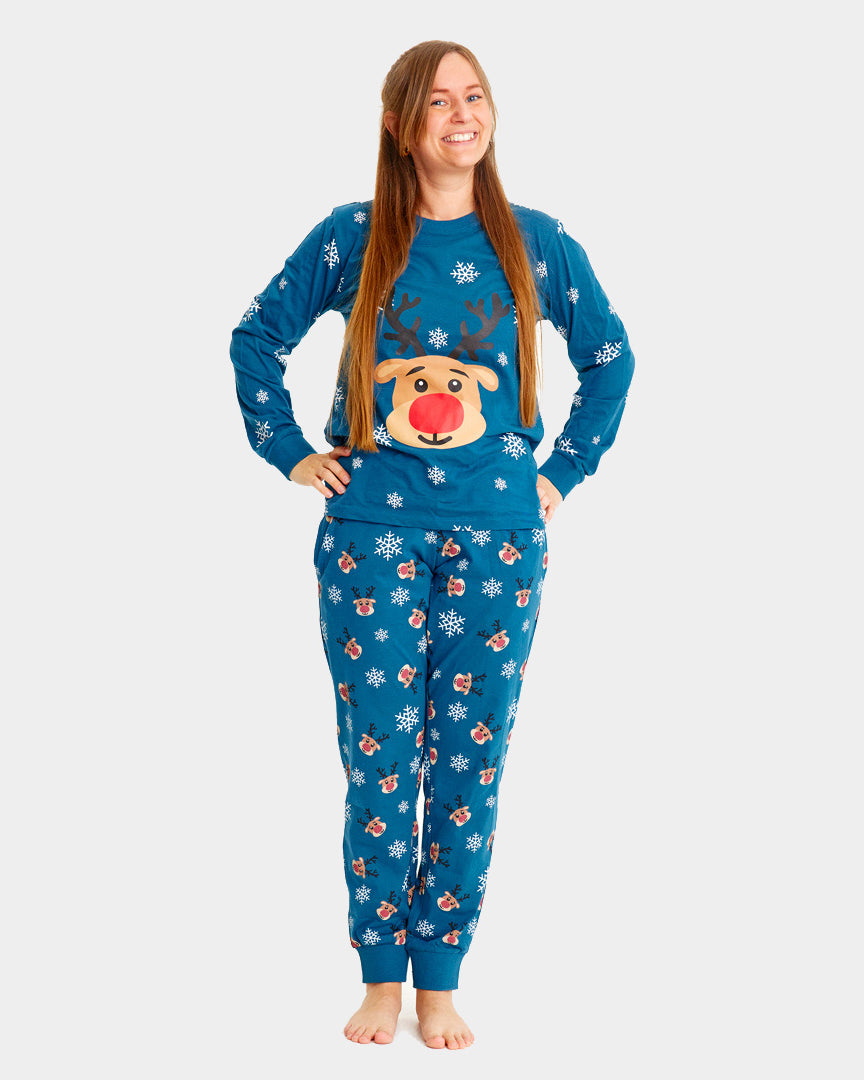 Blue Christmas Pyjama for Family with Rudolph the Reindeer Womens