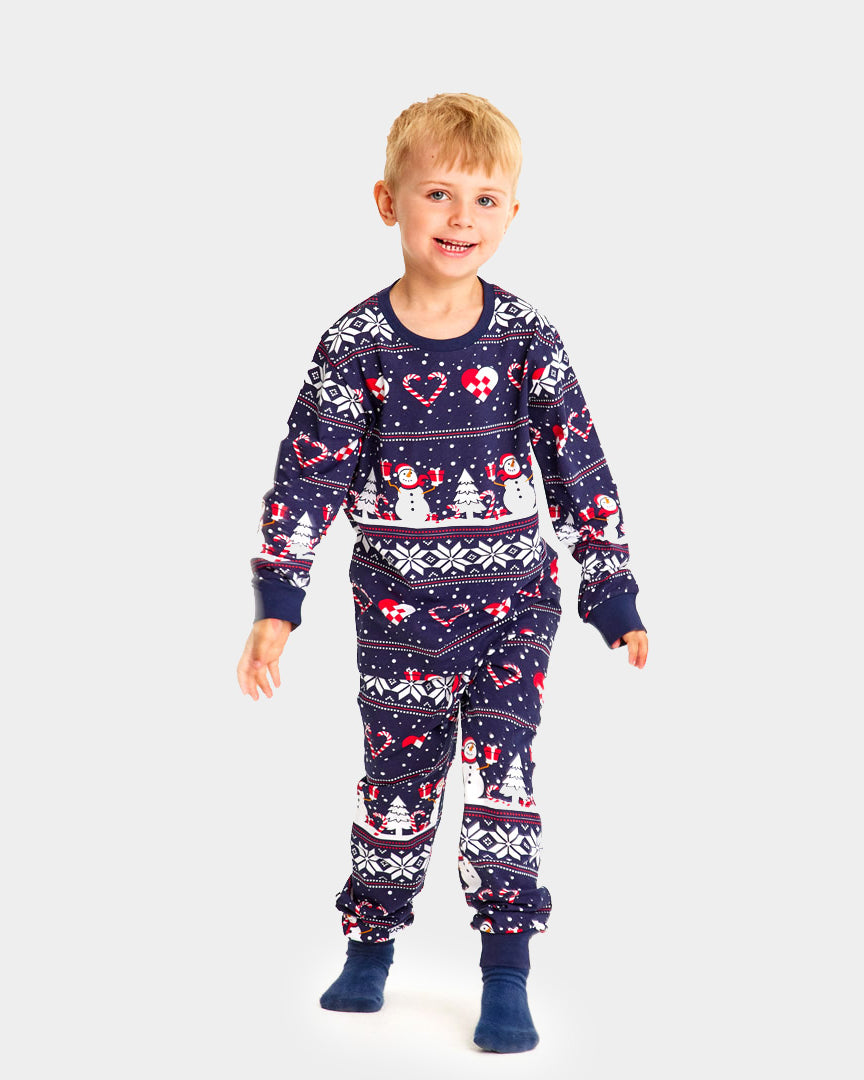 Blue Christmas Pyjama for Family with Snowmen and Hearts Kids
