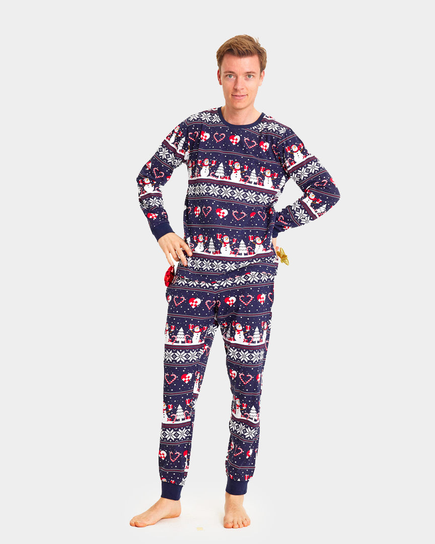 Blue Christmas Pyjama for Family with Snowmen and Hearts Mens