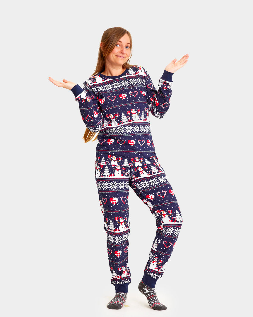 Blue Christmas Pyjama for Family with Snowmen and Hearts Womens