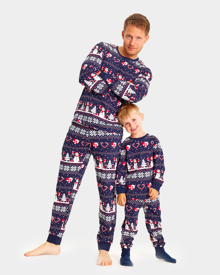 Blue Christmas Pyjama for Family with Snowmen and Hearts