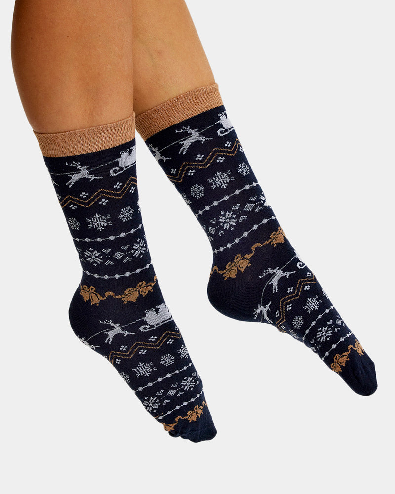 Blue Christmas Socks Unisex with Reindeers and Snow Womens and Mens