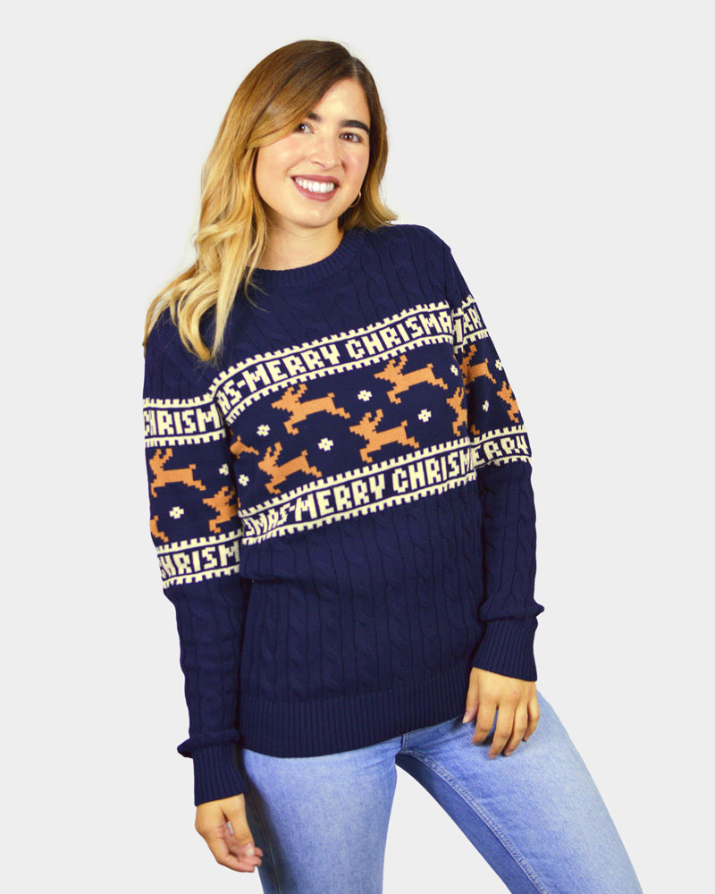 Blue Elegant Christmas Jumper with Reindeers Womens