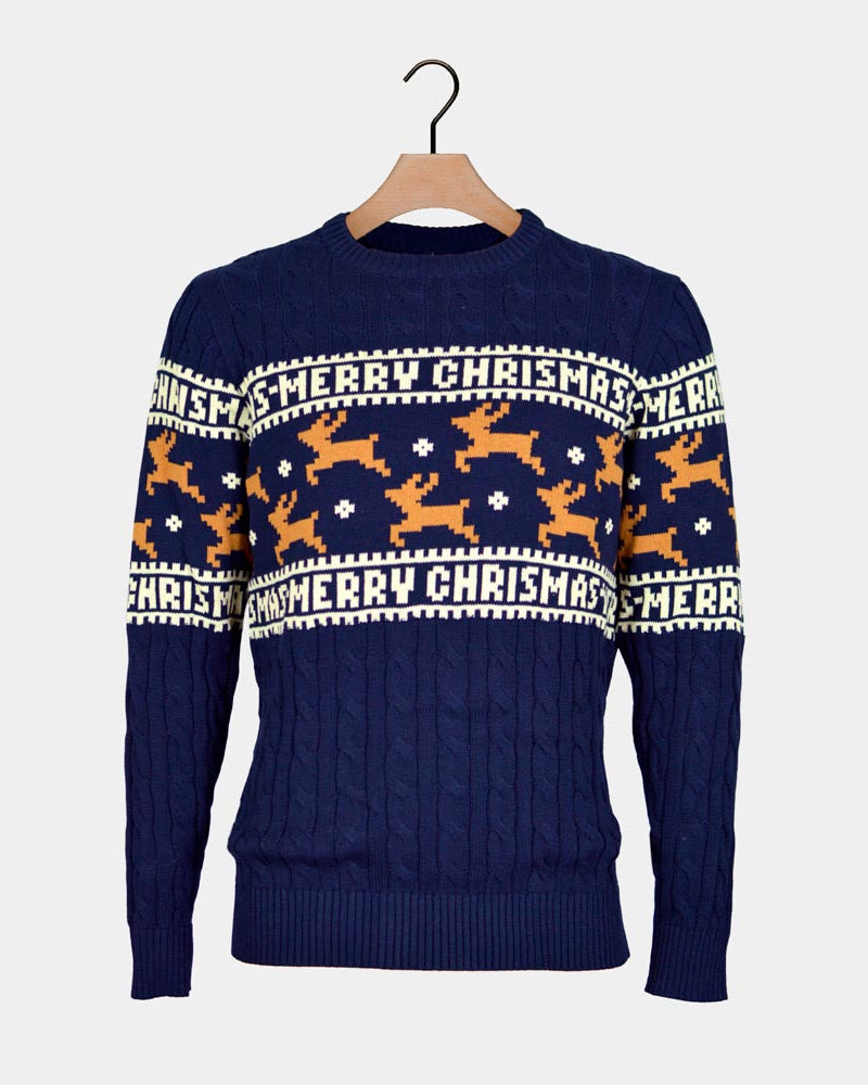 Blue Elegant Christmas Jumper with Reindeers