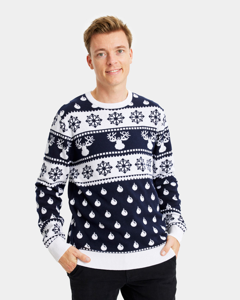 Blue Family Christmas Jumper with Reindeers and Snow mens