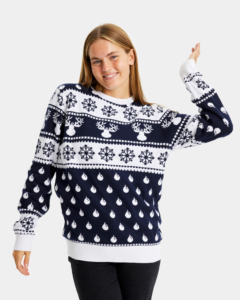 Blue Family Christmas Jumper with Reindeers and Snow womens