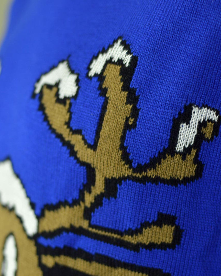 Blue Family Christmas Jumper with Smiling Reindeer Detail Snow