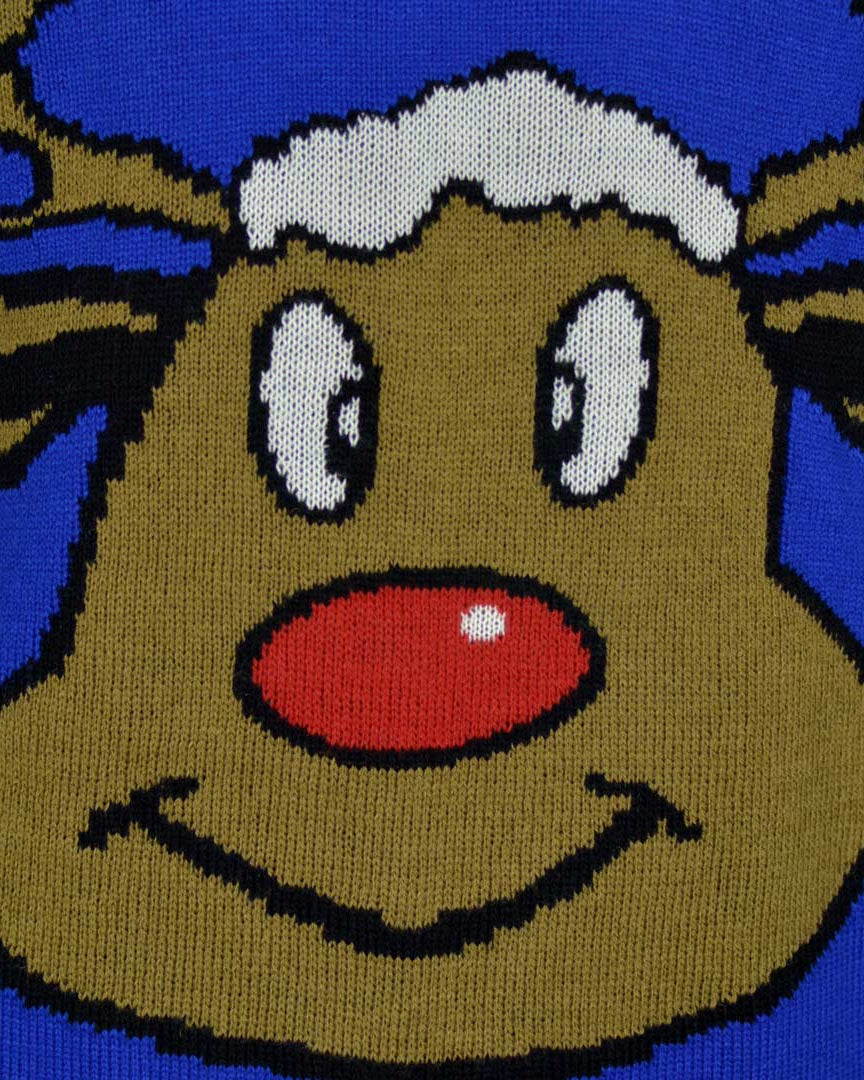 Blue Family Christmas Jumper with Smiling Reindeer Detail