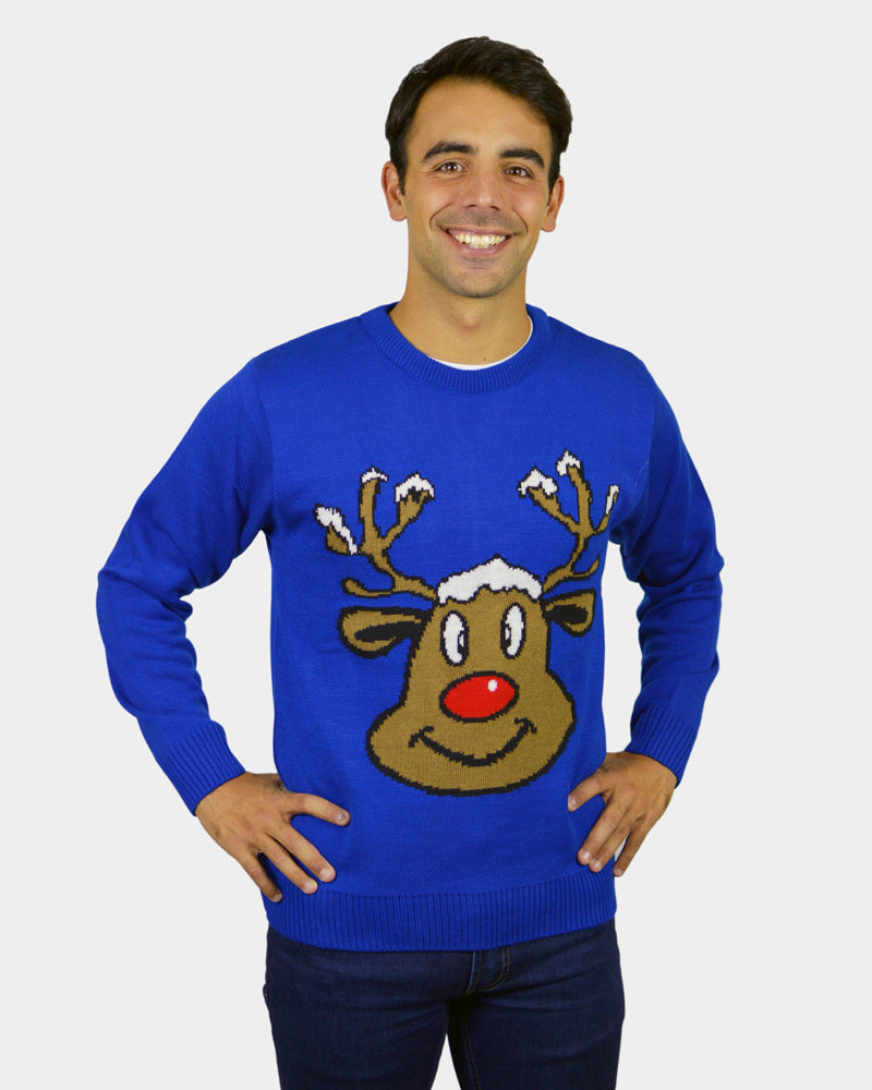 Blue Family Christmas Jumper with Smiling Reindeer Mens