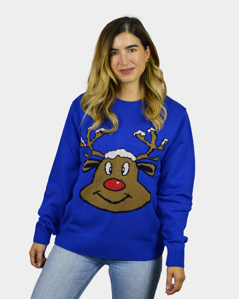 Blue Family Christmas Jumper with Smiling Reindeer Womens