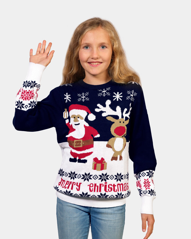 Blue Organic Cotton Girls Christmas Jumper with Santa and Rudolph