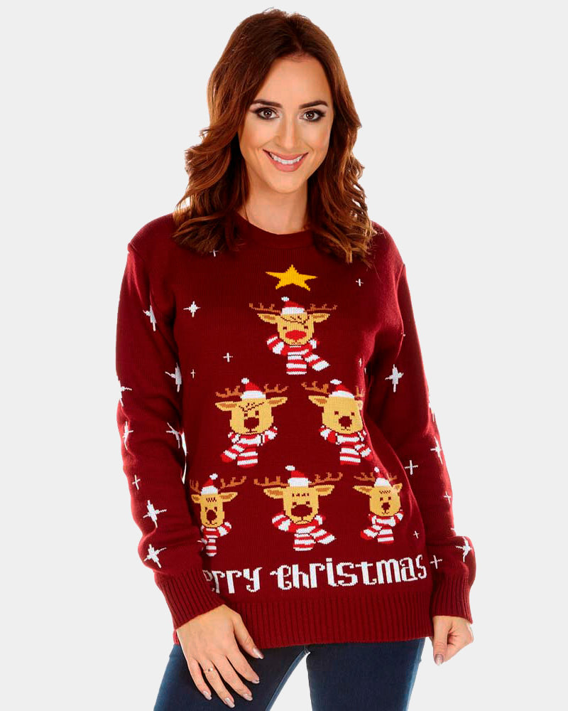 Burgundy Christmas Jumper with Reindeers, Christmas Tree and Star Womens