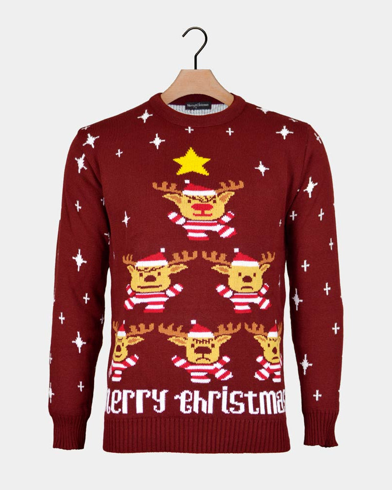 Burgundy Christmas Jumper with Reindeers, Christmas Tree and Star