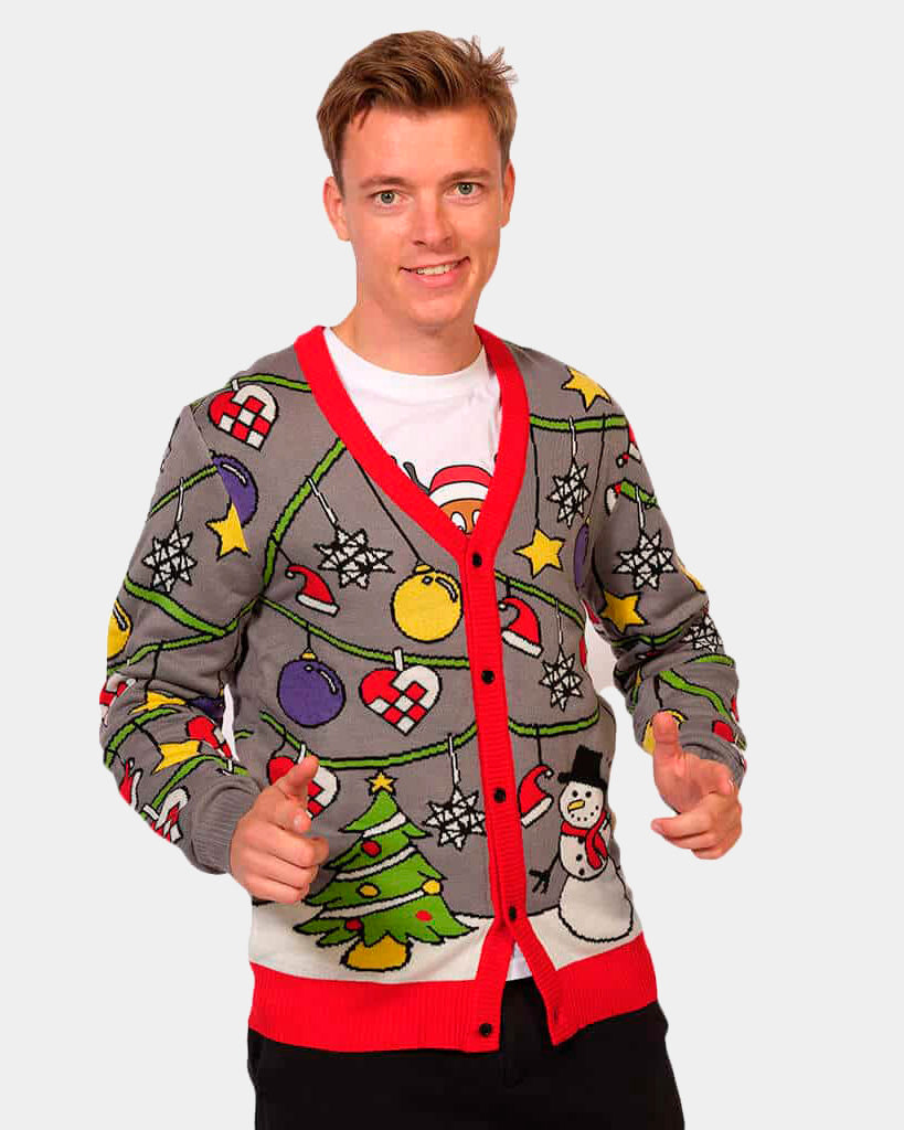 Cardigan Christmas Jumper with Tree and Snowman Mens