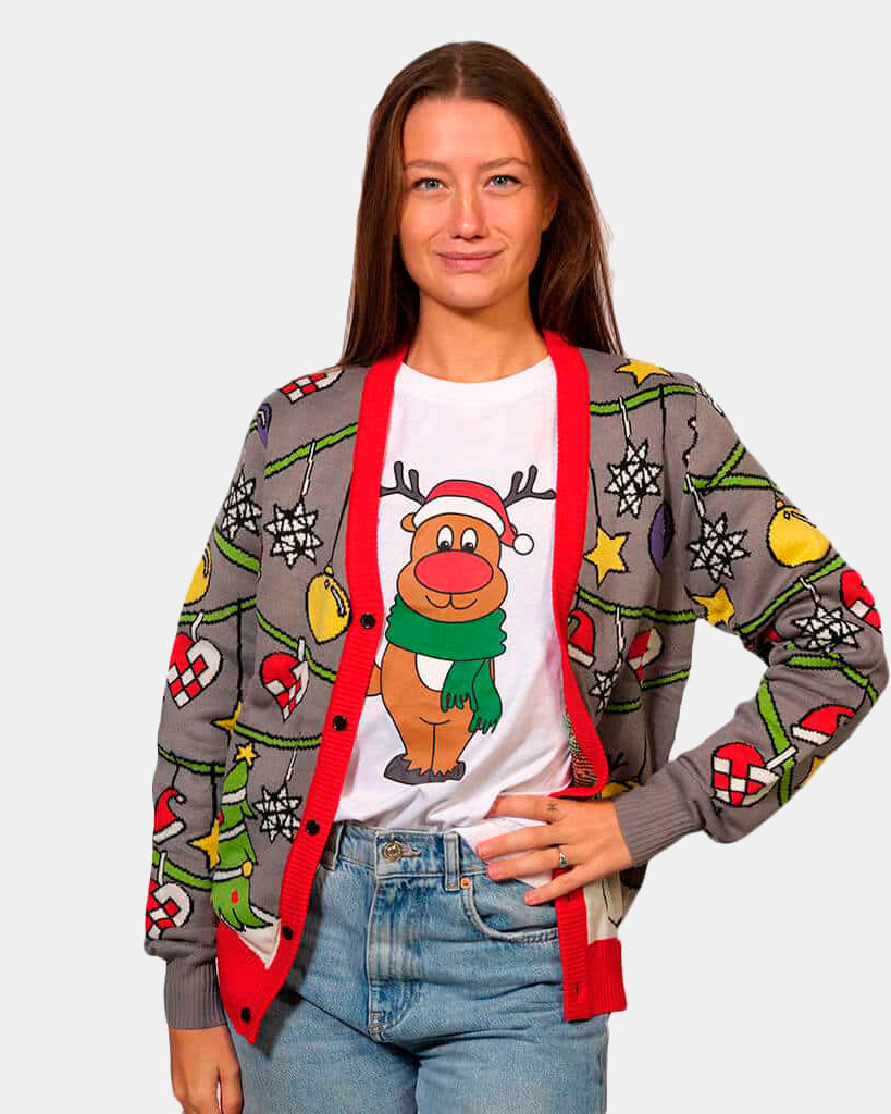 Cardigan Christmas Jumper with Tree and Snowman Womens