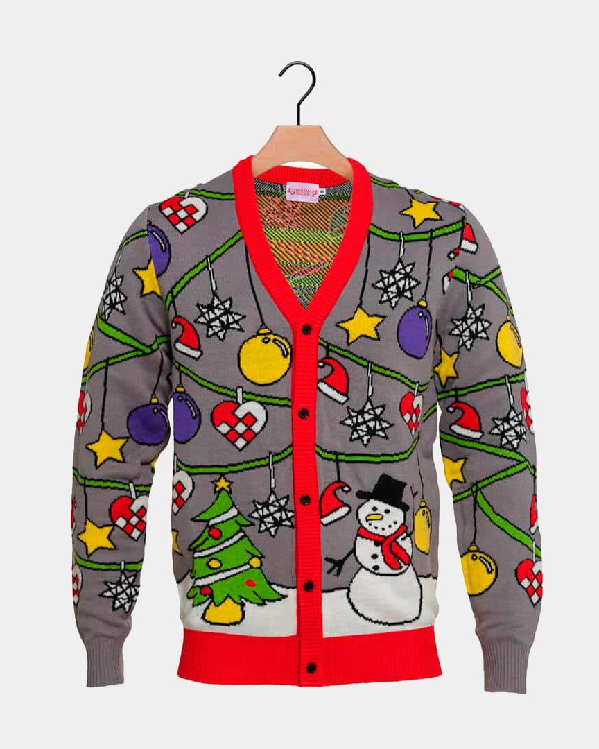 Cardigan Christmas Jumper with Tree and Snowman