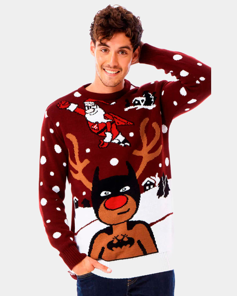 Christmas Jumper with Batman Rudolph and Superman Santa Mens