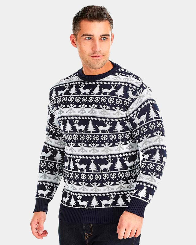 Mens Christmas Jumper with Reindeers and Trees Strips 2021