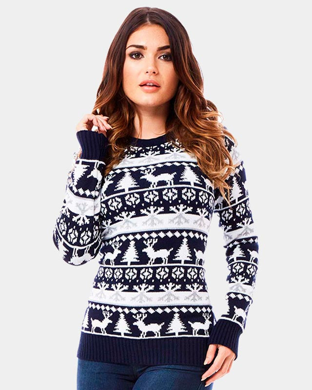 Womens Christmas Jumper with Reindeers and Trees Strips 2021