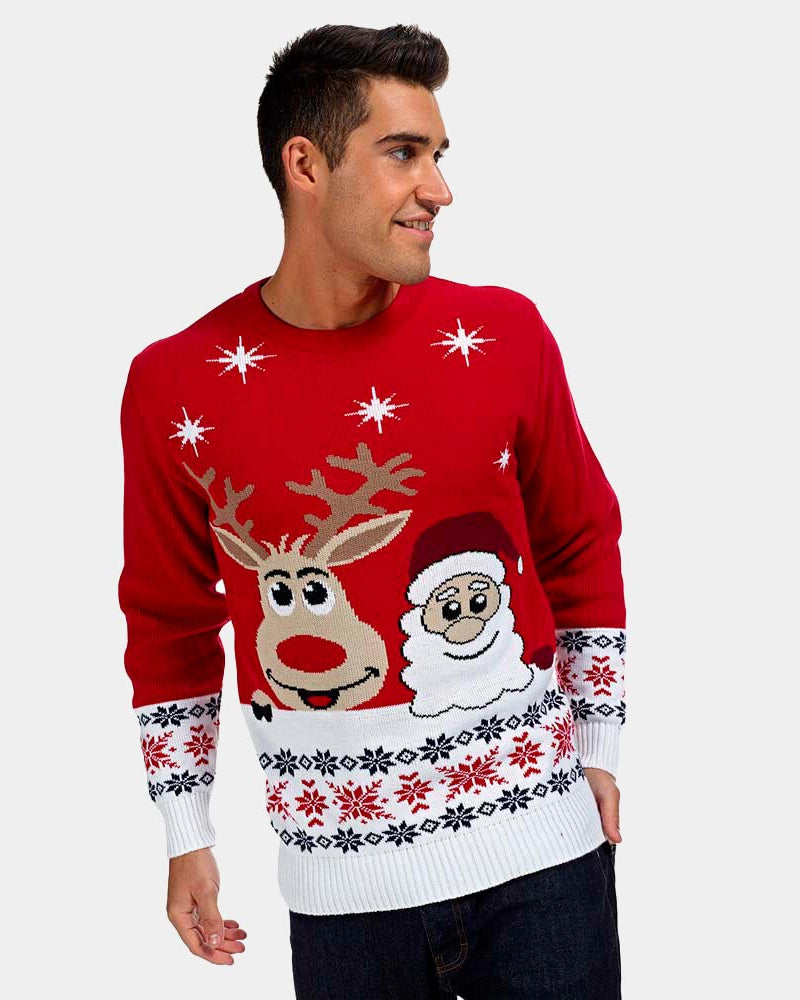 Mens Christmas Jumper with Santa and Rudolph Smiling 2021