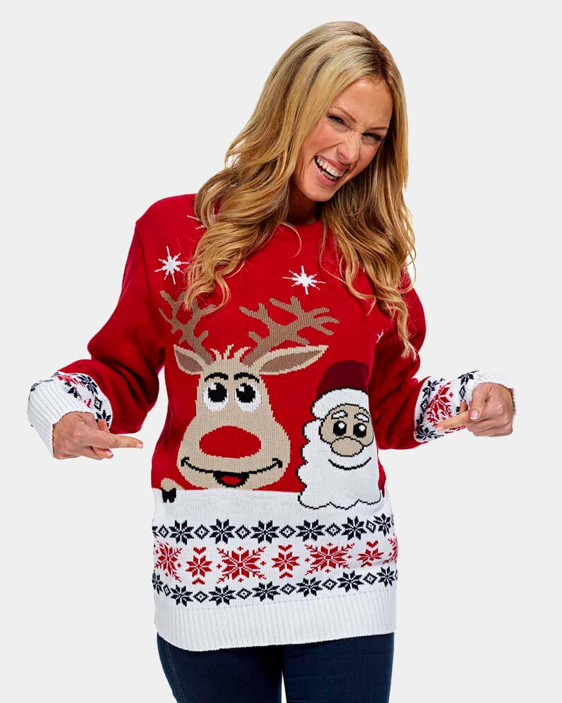 Womens Christmas Jumper with Santa and Rudolph Smiling 2021