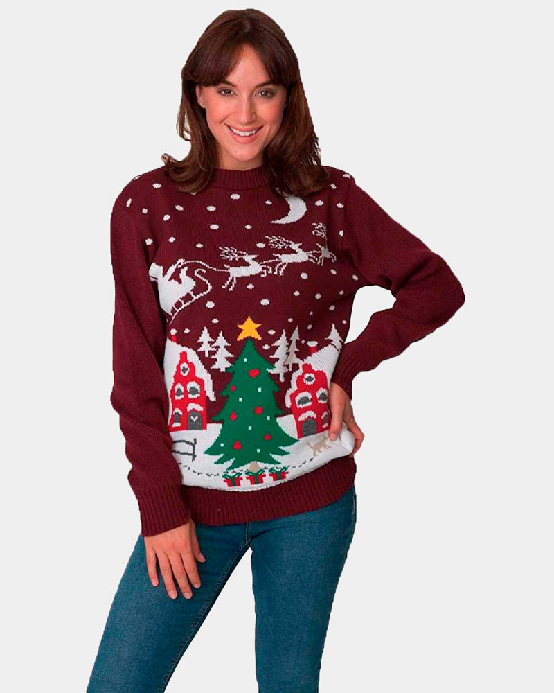 Christmas Jumper Santa on Sleigh and Christmas Tree Womens