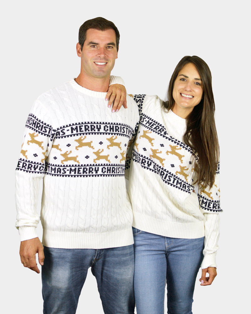 White Classy Christmas Jumper with Reindeers Couples
