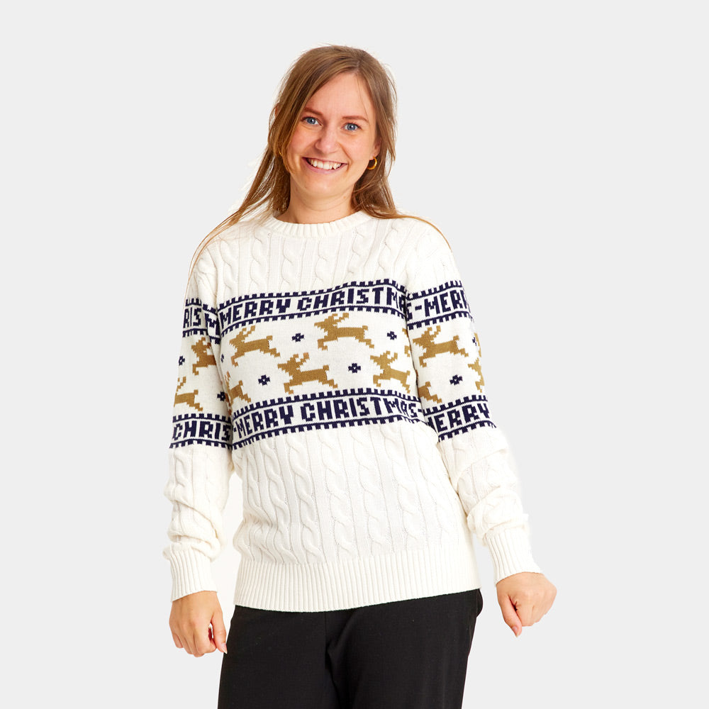 White Classy Christmas Jumper with Reindeers Womens