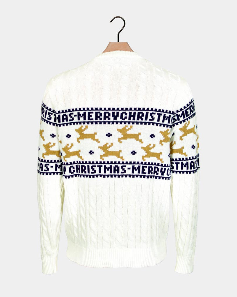 Elegant White Organic Cotton Christmas Jumper with Reindeers Back