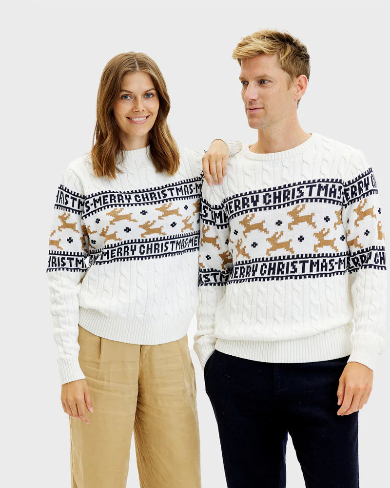 Couple Elegant White Organic Cotton Christmas Jumper with Reindeers