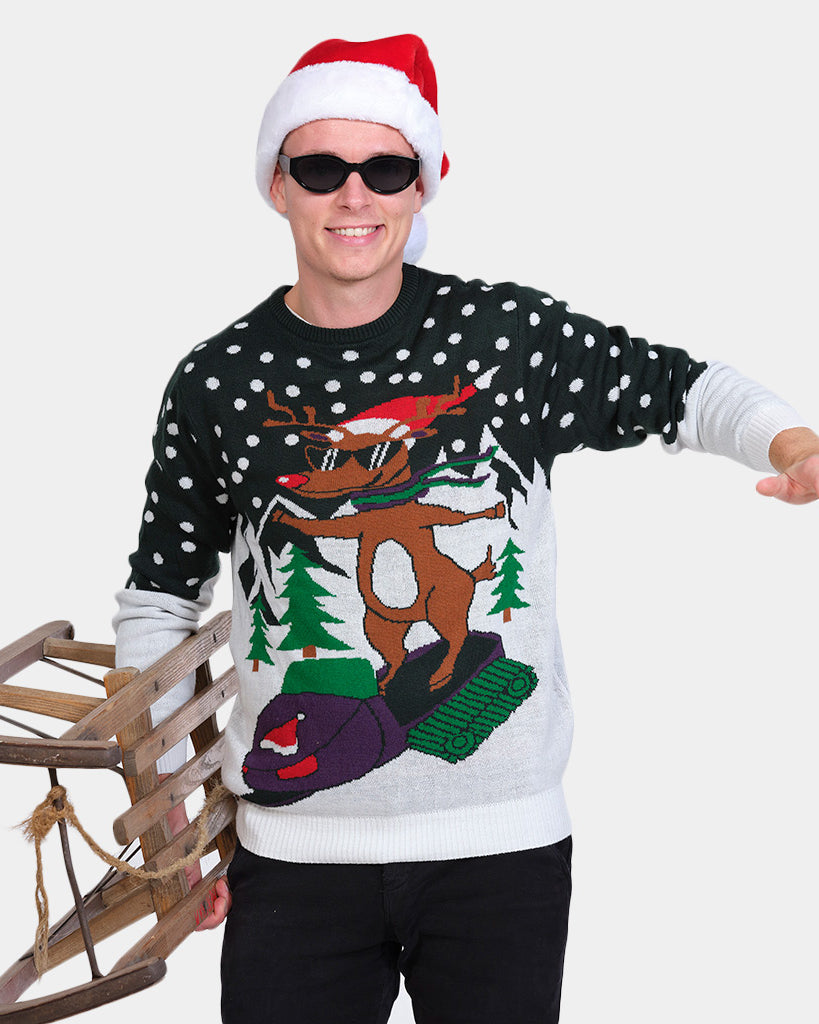 Mens Family Christmas Jumper with Reindeer on Snowmobile