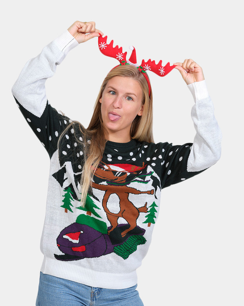 Womens Family Christmas Jumper with Reindeer on Snowmobile