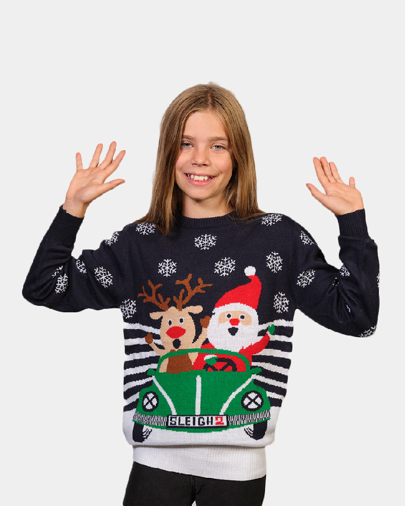 Girls Family Christmas Jumper with Santa and Reindeer Driving
