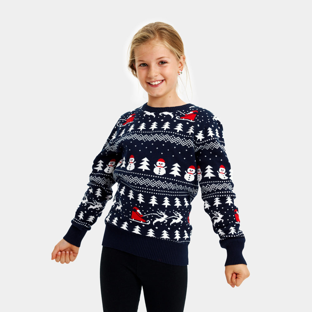 Girls Christmas Jumper with Trees, Snowmens and Santa