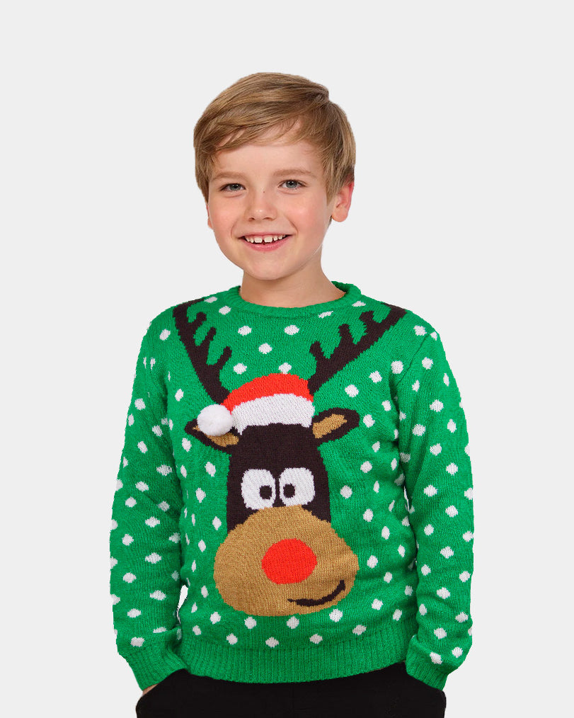 Green 3D Boys and Girls Christmas Jumper Reindeer with Santa's hat Kids