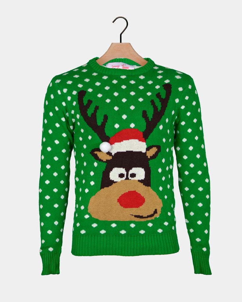 Green 3D Boys and Girls Christmas Jumper Reindeer with Santa's hat