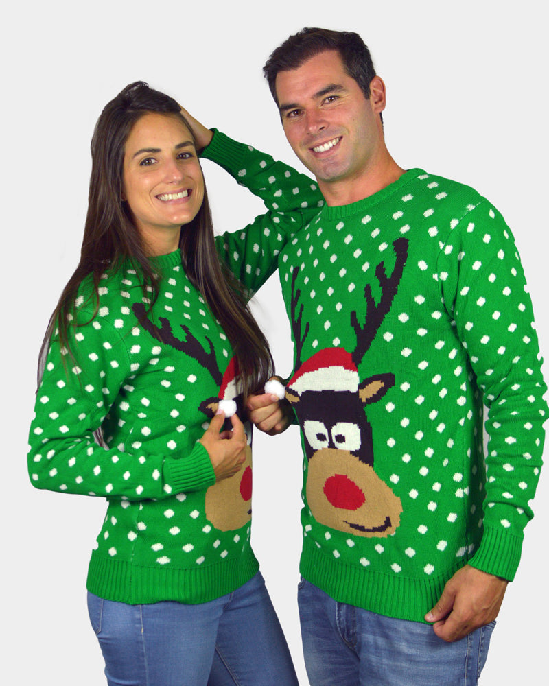 Green 3D Family Christmas Jumper Reindeer with Santa's hat couple