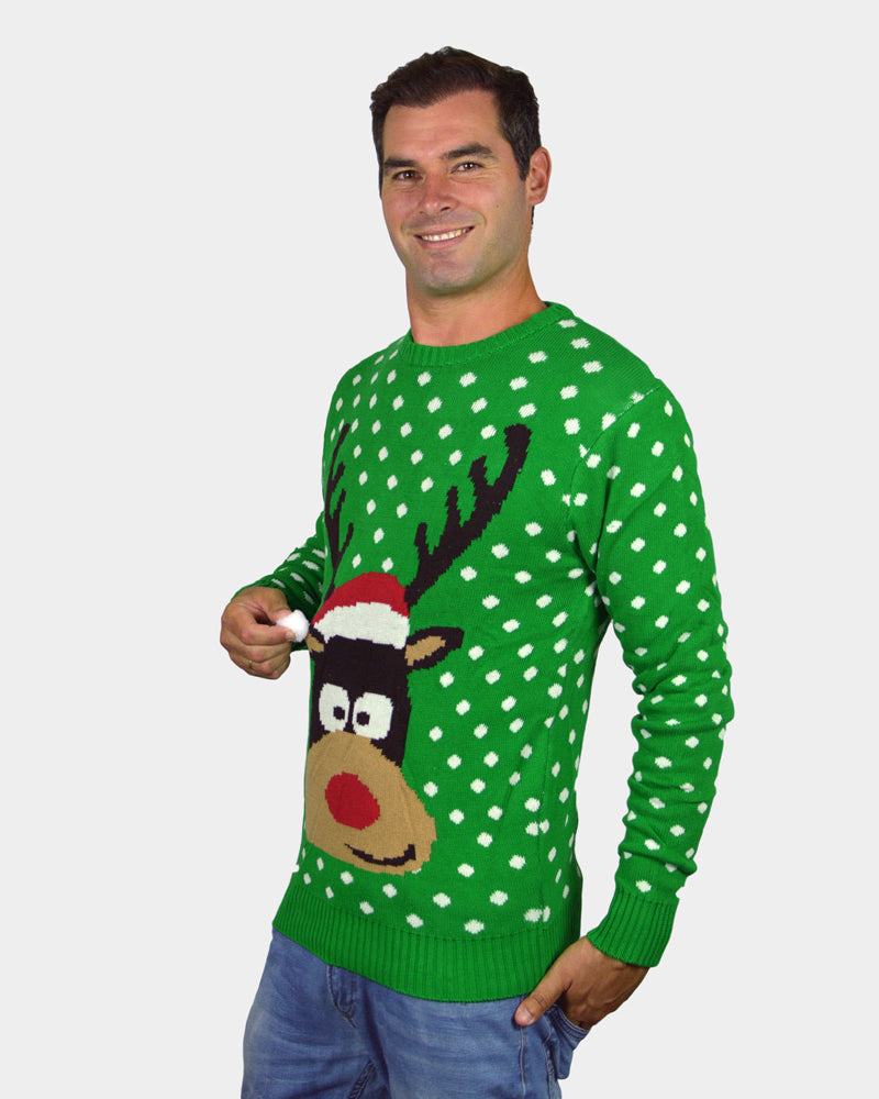 Green 3D Family Christmas Jumper Reindeer with Santa's hat mens