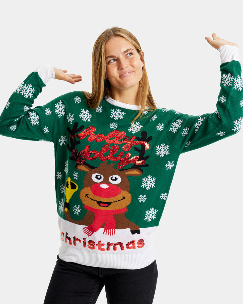 Green Christmas Jumper Holly Jolly with Sequins Womens