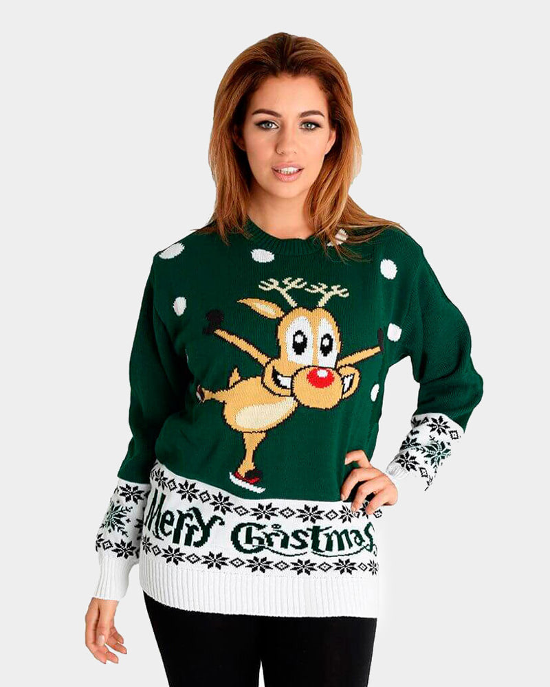 Green Christmas Jumper with skating Reindeer Womens