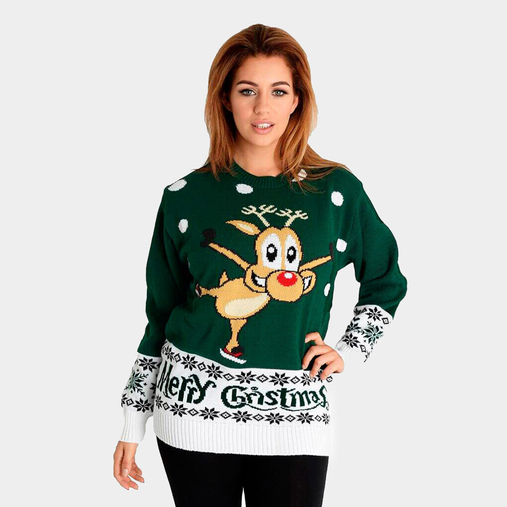 Green Christmas Jumper with skating Reindeer Womens