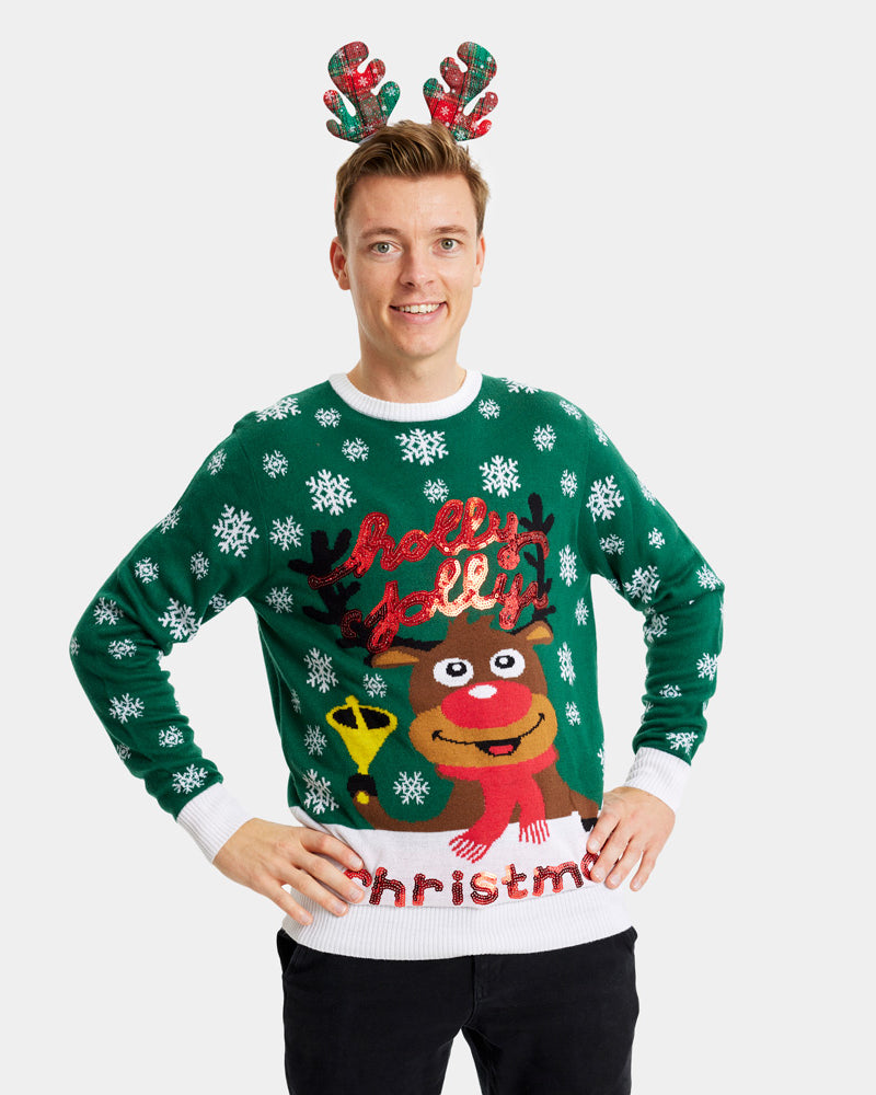 Green Family Christmas Jumper Holly Jolly with Sequins Mens