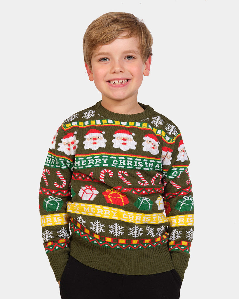 Boys Green Family Christmas Jumper with Santa and Gifts