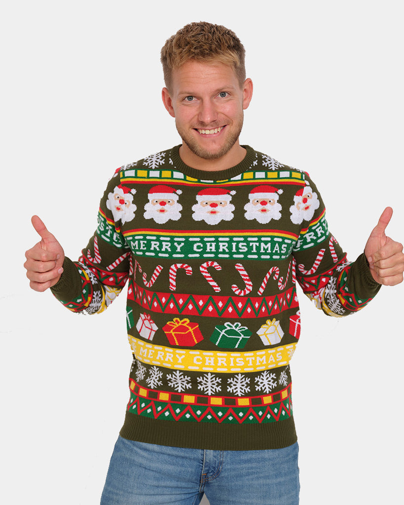 Mens Green Family Christmas Jumper with Santa and Gifts